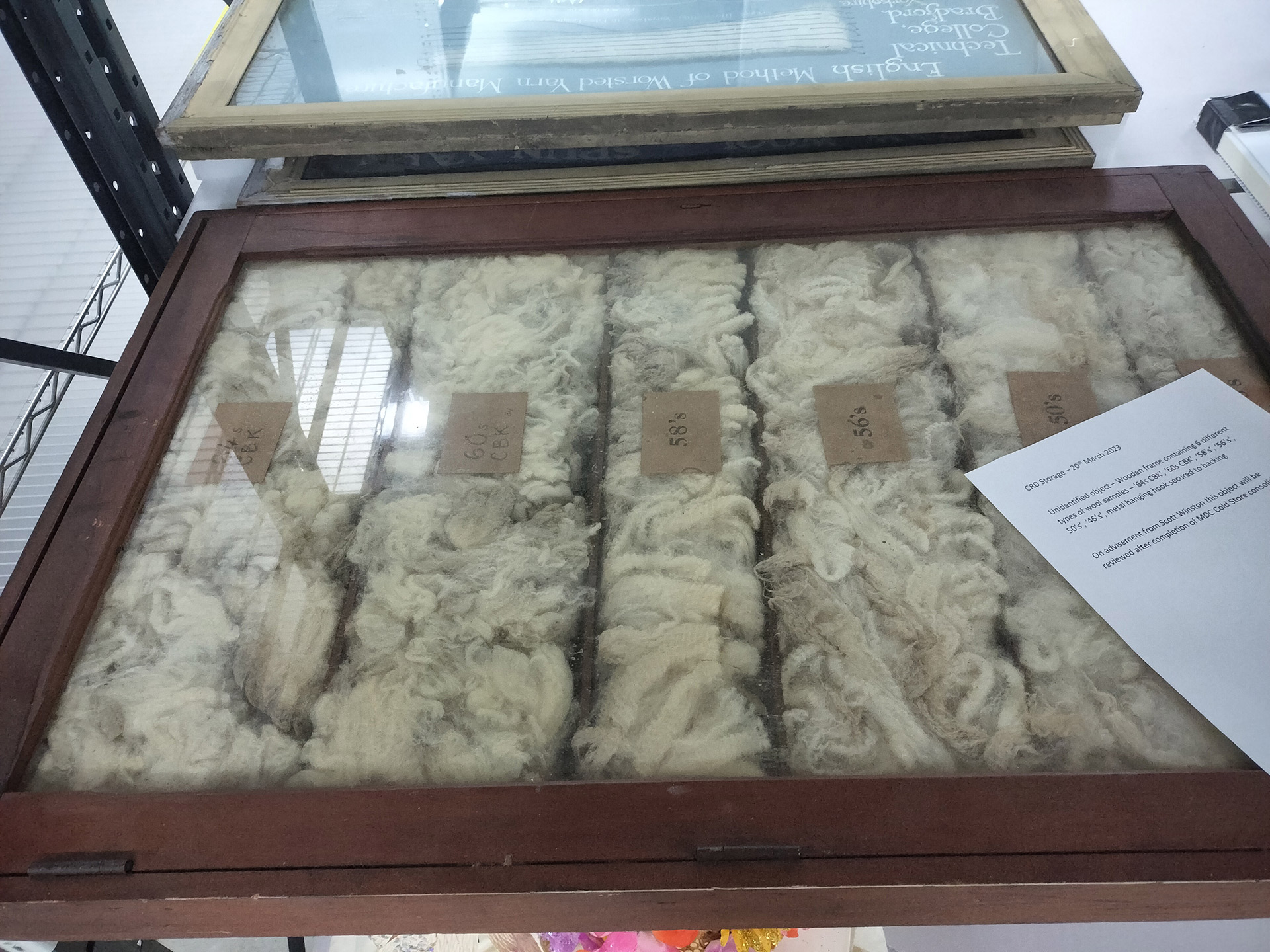 ガラス張りの木箱の中に羊毛が種類別に分類され収まっている